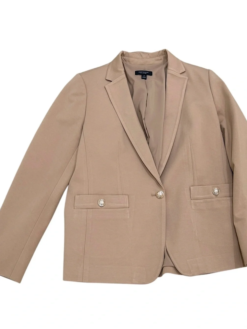 Ann Taylor Hutton Tan Tailored single button Blazer Gold embossed Buttons 14p